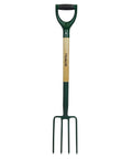 Countryman Digging Fork With Heat Treated Carbon Steel Head Blue Powder Coated Finish European Ash Lacquered Handle And Ergonomic Soft Grip Heavy Duty Workhorse Garden Tool Built For Years Of Dependable Performance, shown with wooden handle and four tines.