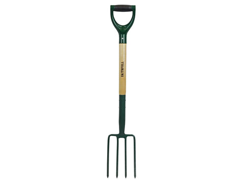 Countryman Digging Fork With Heat Treated Carbon Steel Head Blue Powder Coated Finish European Ash Lacquered Handle And Ergonomic Soft Grip Heavy Duty Workhorse Garden Tool Built For Years Of Dependable Performance, shown with wooden handle and four tines.