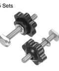 Five Piece M5 T Track Bolt And Hex Knob Set Includes Tough Stainless Steel T Bolts And Smooth Plastic Knobs visible in close-up.
