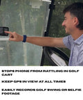 Golfer using V2.5 Magnetic Golf Cart Phone Mount With 110Lb Magnet Ball Joint Neck Anti Rattle Lock GPS View Ready on golf cart