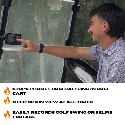 Golfer using V2.5 Magnetic Golf Cart Phone Mount With 110Lb Magnet Ball Joint Neck Anti Rattle Lock GPS View Ready on golf cart