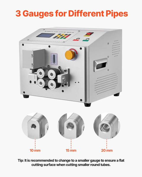 Automatic Heat Shrink Tube Cutter With Lcd Display Heavy Duty Pvc Pe Silicone Pipe Trimmer showing three gauges: 10mm, 15mm, and 20mm.