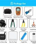 Package list of 4 In 1 Fiber Power Meter Kit With Built In 10 Km Fiber Fault Locator And Optical Power Meter, including tools and adapters.