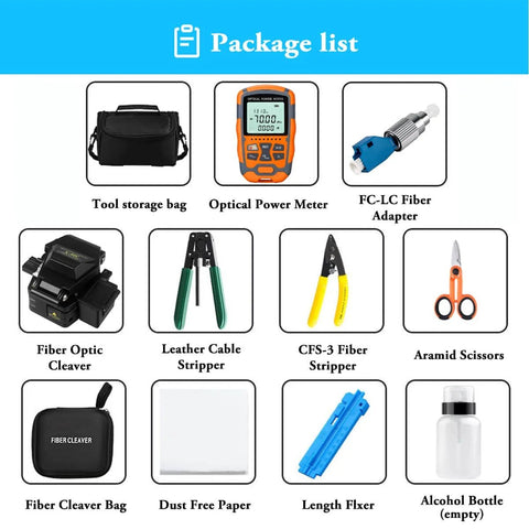 Package list of 4 In 1 Fiber Power Meter Kit With Built In 10 Km Fiber Fault Locator And Optical Power Meter, including tools and adapters.