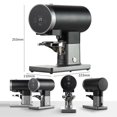 58mm Automatic Espresso Coffee Tamper With Adjustable Height And Custom Pressure Control shown from multiple angles to highlight design.