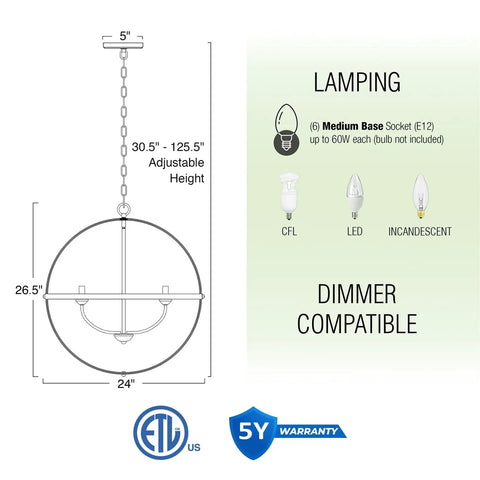Harmon 27 Inch Six Light Dope Modern Farmhouse Armillary Chandelier With Sphere Globe Design dimensions and bulb specifications