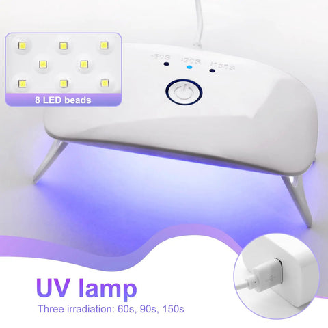 UV Resin Jewelry Kit With 300G Crystal Clear Resin, UV Lamp, showing white LED lamp with adjustable time settings and LED beads.