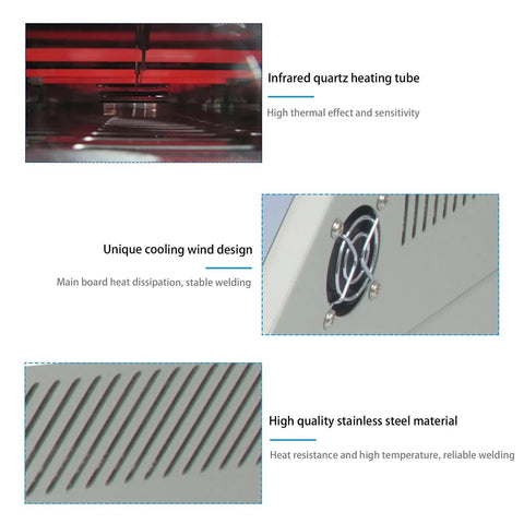Smart Auto SMD Reflow Oven With Infrared IC Heater 110V 800W showing heating tube, cooling fan, and steel material