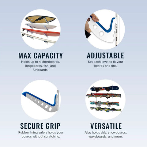 Dude Approved Surfboard Wall Mount Rack With Padded Arms Holds Four Shred Ready Boards Adjustable Height for various board types.
