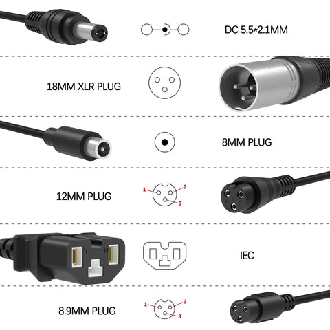 Universal 54.6V 2A Charger For 4.8V Li Ion Battery Packs with 7-in-1 plug types including DC, XLR, and IEC connectors visible.