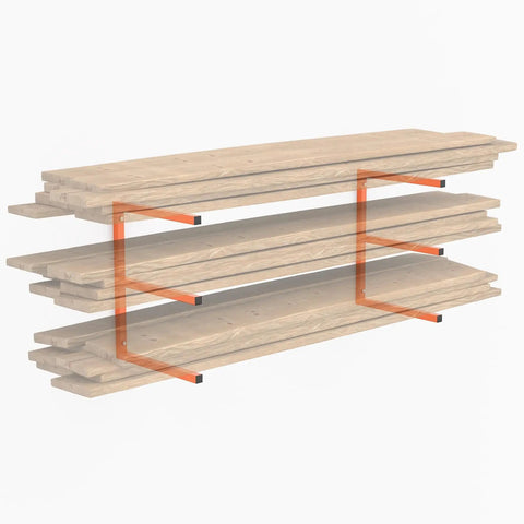 Garage Wall Mounted Lumber Storage Rack For Woodworking Shop Overhead Heavy Duty One Piece Design Keeps Lumber Off The Floor And Neatly Organized Space Saving Solution For A Pair Of Racks showing orange metal brackets holding wood planks.