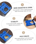Effortless Concealed Hinge Hole Drilling Kit For Woodworking With 35mm Drill Bit Positioner And Precision Hole Puncher 5 Piece Set Adjustable And Easy To Use ShineOFI showing components and use