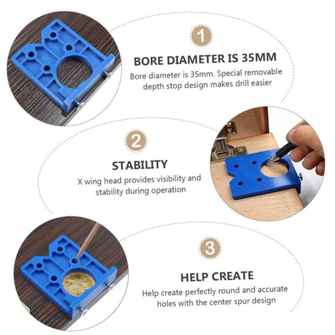 Effortless Concealed Hinge Hole Drilling Kit For Woodworking With 35mm Drill Bit Positioner And Precision Hole Puncher 5 Piece Set Adjustable And Easy To Use ShineOFI showing components and use