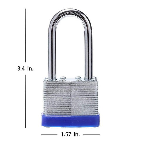 Laminated Steel Padlocks 1-9/16 Inch Wide Body, 2 Pack Keyed Alike With Long Shackle, Hardened Steel Shackle For Extra Strength