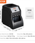 Efficient US Coin Sorter And Wrapper Machine With Four Large Coin Tubes, Sorts Pennies Nickels Dimes Quarters, Pro Grade Performance Handles Up To 230 Coins Per Minute, Black, showing dimensions and specifications