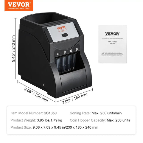 Efficient US Coin Sorter And Wrapper Machine With Four Large Coin Tubes, Sorts Pennies Nickels Dimes Quarters, Pro Grade Performance Handles Up To 230 Coins Per Minute, Black, showing dimensions and specifications