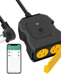Outdoor Two Socket Smart Plug WiFi Outlet With Alexa And Google Home Compatibility, Remote Control, shown with app and outlets