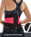 Slip On This Breathable Lumbar Support Belt To Lock Firm Compression And Fast Lower Back Pain Relief While Quieting Sciatica Kinks showing adjustable pink strap and stays.