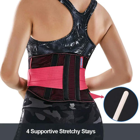 Slip On This Breathable Lumbar Support Belt To Lock Firm Compression And Fast Lower Back Pain Relief While Quieting Sciatica Kinks showing adjustable pink strap and stays.