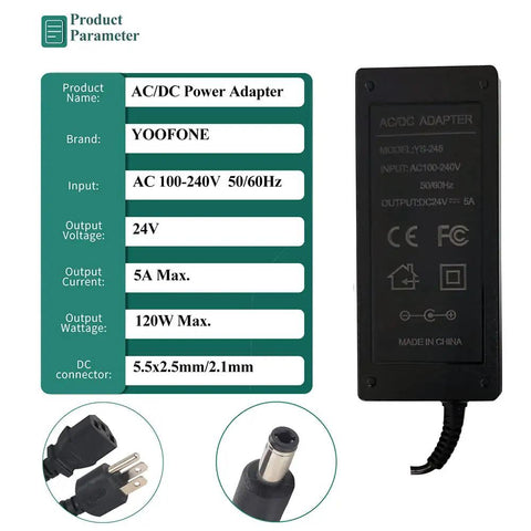 Beefy 24V DC Power Adapter 5A Switching Power Supply For LED Strip Lights CCTV Cameras And LCD Monitors, plug and specs