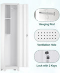 Slim Broom Storage Cabinet With Shelves And Hanging Rod Locking Door Metal Cabinet For Tight Spaces in white with ventilation features.