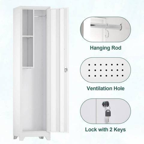 Slim Broom Storage Cabinet With Shelves And Hanging Rod Locking Door Metal Cabinet For Tight Spaces in white with ventilation features.