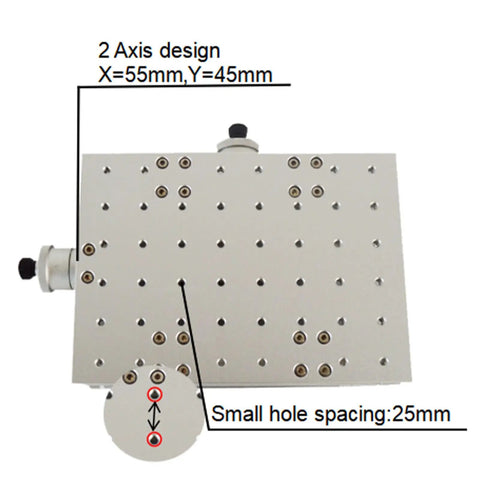 Top view of 2 Axis Moving Table For Laser Marking And Engraving Machine with hole spacing details and axis measurements