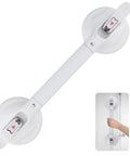 Heavy Duty Suction Cup Shower Grab Bar For Tub And Toilet Safety, 18.5 Inch White Bath Handle with non slip grip, installed on glass.