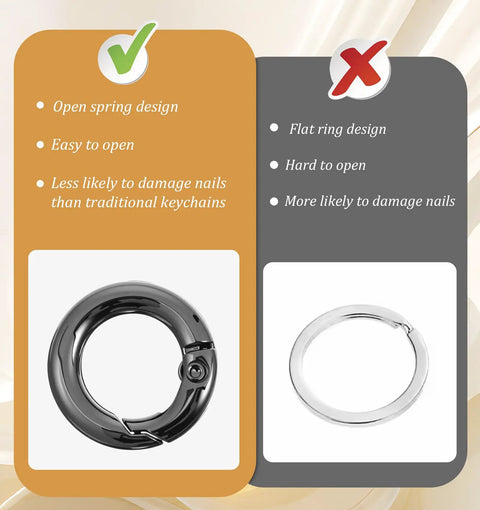 Comparison of black open spring design vs silver flat ring Mini Carabiner Clips Pack Of 20 For Keys And Gear, Lightweight Zinc Alloy Micro Clasp, 0.67 Inch Size, Great For Backpacks Purses Dog Tags Keychains And Charms, Black