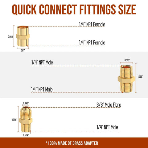 Quick connect fittings size chart for 7 Piece Propane Quick Connect Fittings Kit For RV To Grill Or Cooking Heavy Duty Brass Adapters With 1/4 Inch NPT Male And 3/8 Inch Flare Connectors Ideal RV Hose To Grill Setup showing dimensions of 1/4 NPT Female, 1/4 NPT Male, and 3/8 Inch Male Flare adapters.