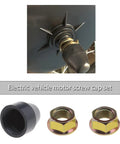 E-Bike Hub Motor Nuts And Safety Washers Set For 750W To 1500W Motors With 14mm Shaft shown with black cap and metal nuts
