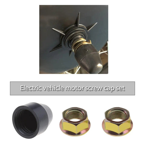 E-Bike Hub Motor Nuts And Safety Washers Set For 750W To 1500W Motors With 14mm Shaft shown with black cap and metal nuts