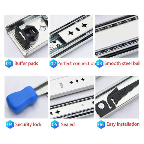Heavy Duty Full Extension Drawer Slides One Pair built rock solid ball bearing runner rails with smooth steel ball connections.
