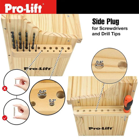 Cordless Drill Organizer With Wall Mount Storage Rack Five Hanging Slots Wooden Construction Model M004W with side plug for screwdrivers and drill tips