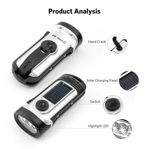 Go To Solar Powered Hand Crank Flashlight For Camping And Outdoors with hand crank, solar panel, and LED features visible.