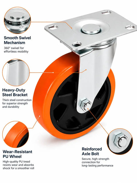 Badass Heavy Duty Four Inch Caster Wheels Set Of Four Rolling smooth polyurethane tire with swivel mechanism and reinforced axle.