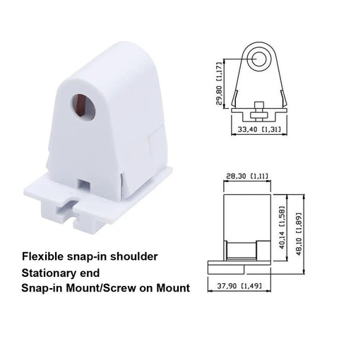 10 Pair T8 FA8 Single Pin Tombstone Lamp Sockets For Eight Foot LED Tubes showing flexible snap-in shoulder and mounting dimensions.