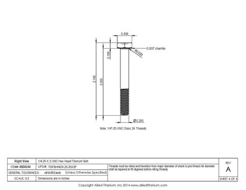 Hella Tough Top Shelf 1/4 20 X 2 Inch Titanium Hex Head Bolts Grade 5 Ti 6Al 4V detailed technical drawing and dimensions.