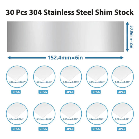 Shim Stock Kit 30 Piece Stainless Steel Shim Strips 2 By 6 Inches 304 Grade With Ten Fine Thicknesses From 0.001 To 0.01 Leveling Gap Filling Kitchen Trim Home Improvement Tools, showing various thicknesses and sizes.