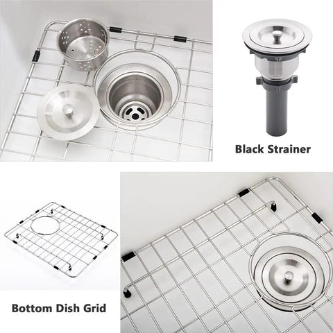 Undermount White Bar Sink 15x17 Deep Single Bowl For Wet Bar And RV Kitchen, Quartz Composite grid and strainer details