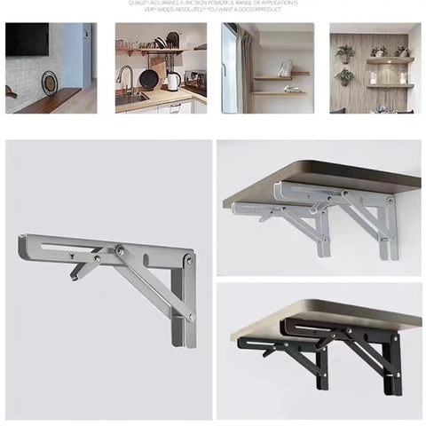 2-Pack Stainless Steel Triangle Folding Brackets Heavy Duty Adjustable Wall Mounted Shelves in use and folded view.