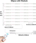 LED Vanity Mirror Lights With RF Remote, diagram showing 90pcs LED module setup with RF receiver and dimensions