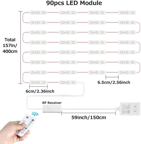 LED Vanity Mirror Lights With RF Remote, diagram showing 90pcs LED module setup with RF receiver and dimensions