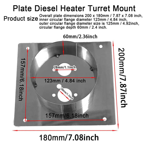 Heavy Duty Diesel Heater Turret Mounting Plate for Air Top 2000 Series and Airtronic D2 D4, stainless steel with dimensions.