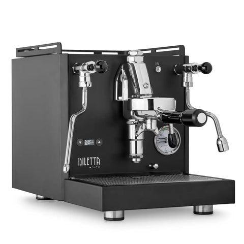 Rock Solid Dual Boiler Espresso Machine Bundle With Precision Grinder And Pid Temp Control To Craft Smooth Barista Drinks Without Any Stress. Close-up of sleek black espresso machine with chrome accents.