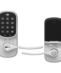 Dead Easy Z Wave Smart Door Lever With Backlit Keypad And Auto Relock For Seamless Home Automation And Top Shelf Satin Nickel Finish The Real Deal Without A Deadbolt from a front angle showing keypad and lever.