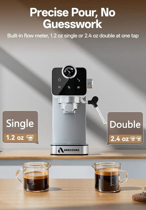 Kick The Coffee Shop Commute With This Slick Compact Espresso Brewer, Boasting A Snappy Touchscreen, Integrated Milk Frother, 20 Bar Pump Pressure, 41 Oz Tank, And Premium Brushed Steel Build, showcasing single and double pour options.
