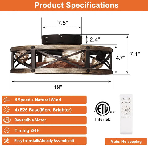 Badass Modern Farmhouse Caged Ceiling Fan With Slick Remote Flush Mount Build featuring dimensions 19x7.5x2.4 inches and four E26 lights.