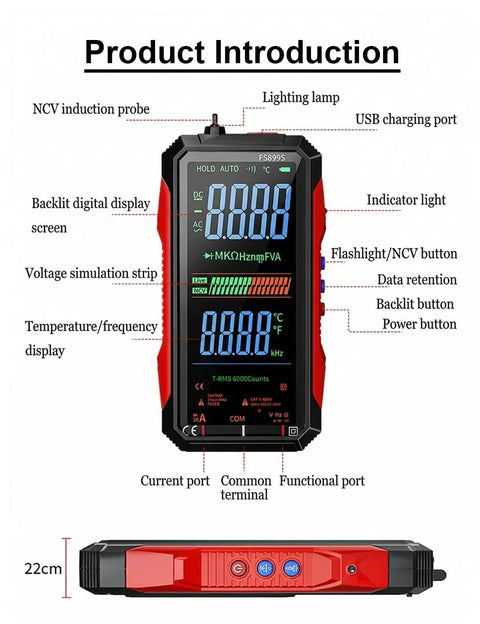 Auto Range True RMS Digital Multimeter with USB rechargeable battery, 22cm device, full color LCD, and various functional ports.