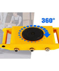 Heavy Duty Machinery Mover Dolly Skates With Six Heavy Duty Rollers 17600 Lbs Load Rating Yellow Industrial Cart top view with 360 degree rotation feature.